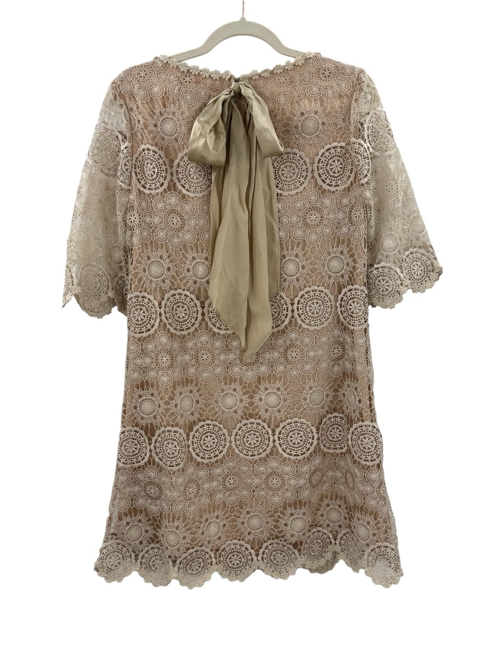 VA ET VIENT Romantic Parisian Lace Shift Dress Silk Bow Back Quiet Luxury, 10 - Picture 5 of 13
